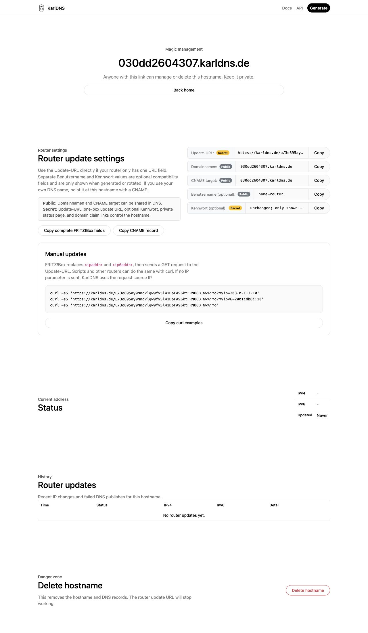 Generated FRITZ!Box DynDNS credentials