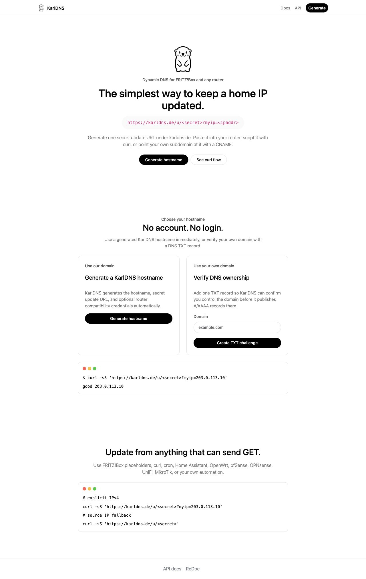 KarlDNS self-hosted DynDNS home screen