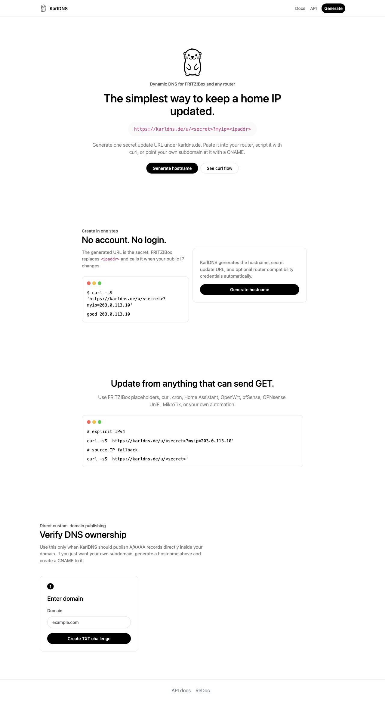 KarlDNS self-hosted DynDNS home screen