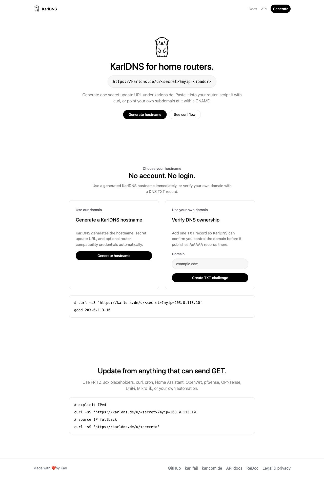 KarlDNS self-hosted DynDNS home screen