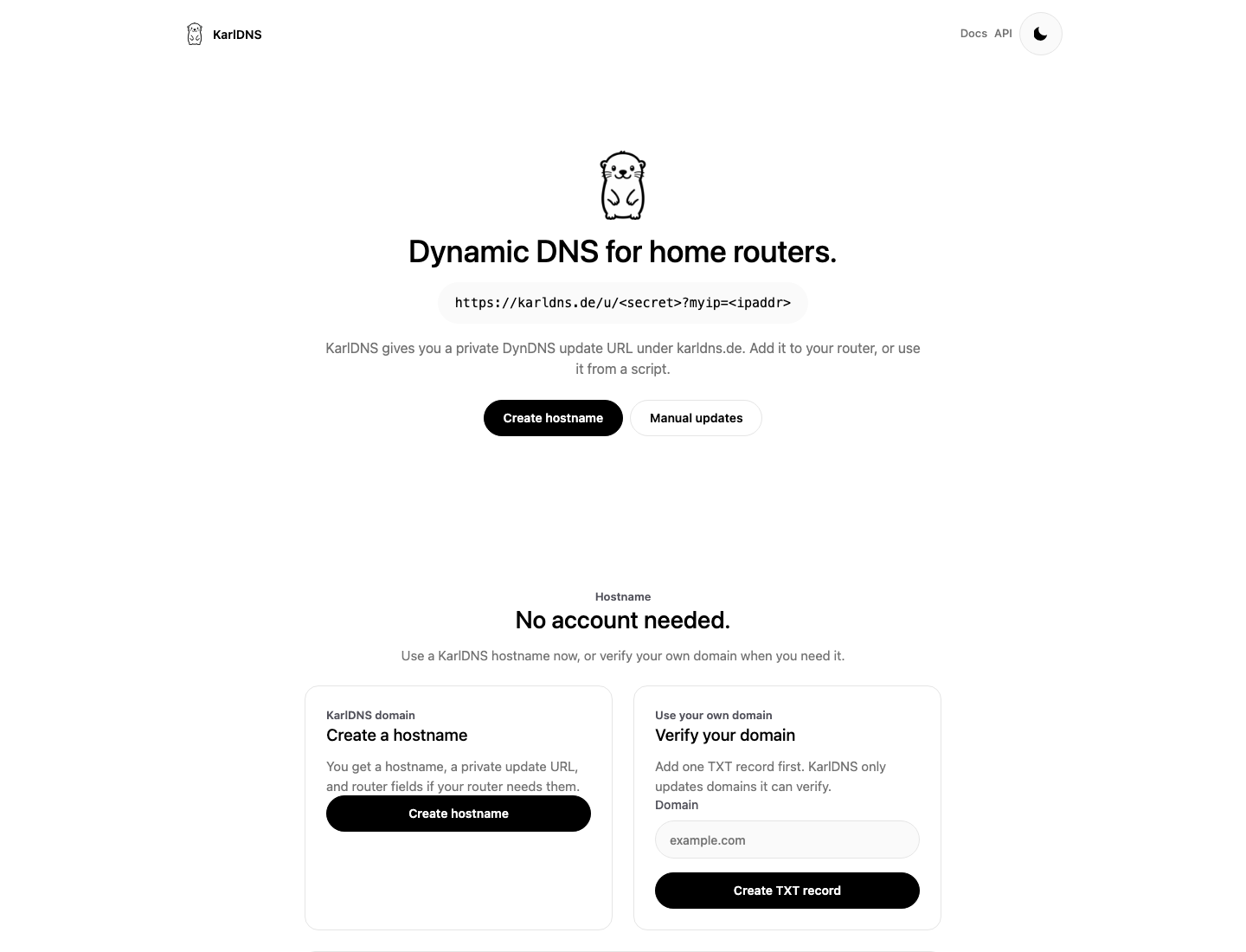 KarlDNS self-hosted DynDNS home screen