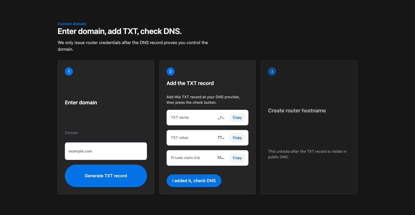 DNS TXT verification flow for custom domains