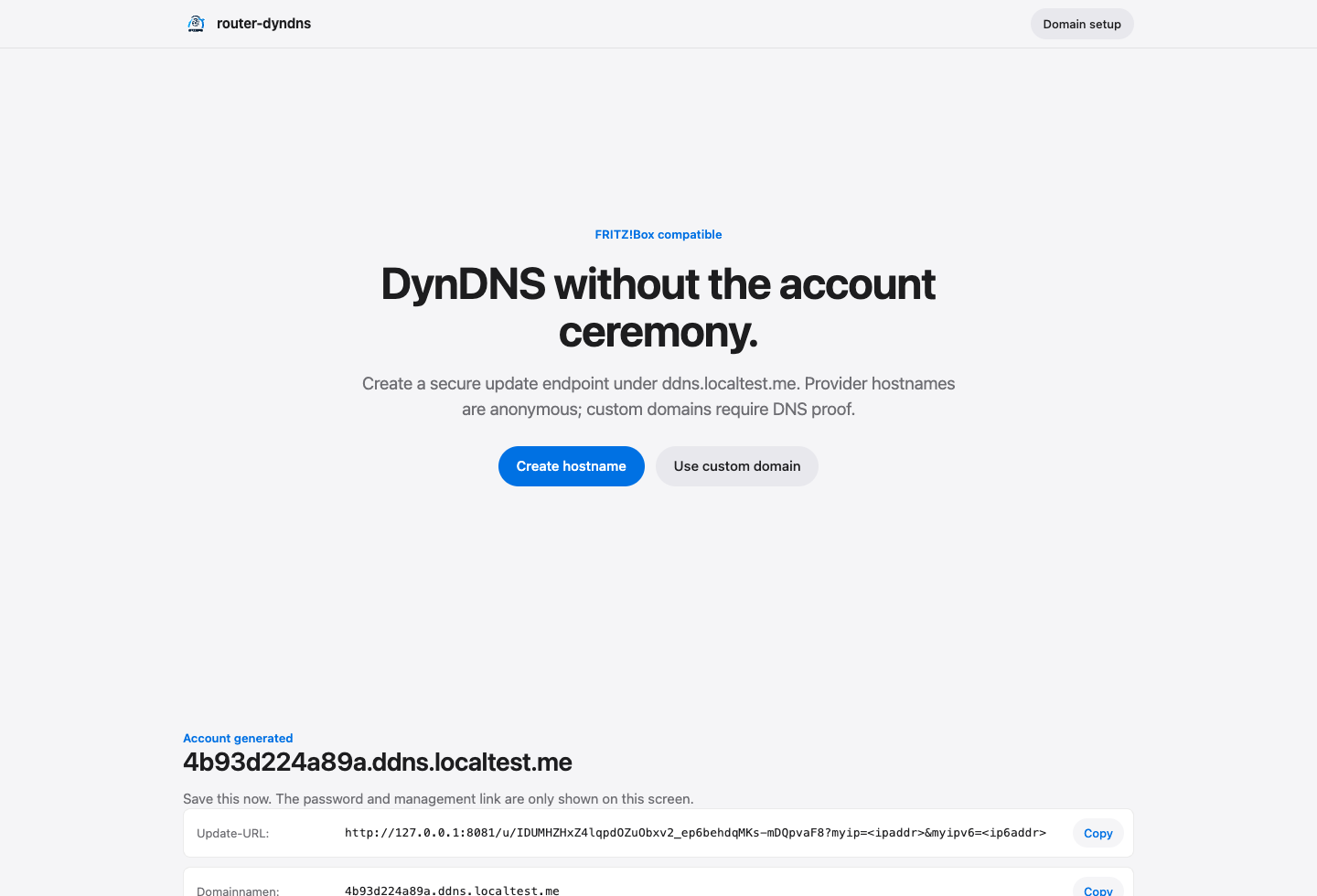 Generated FRITZ!Box DynDNS credentials