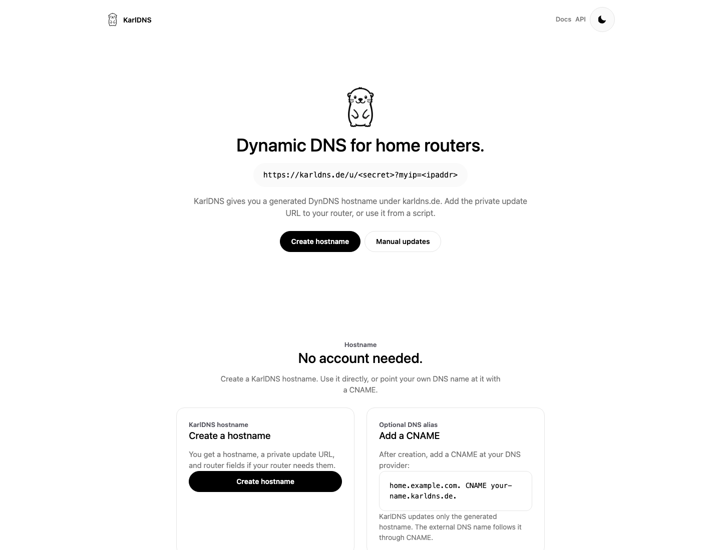 KarlDNS self-hosted DynDNS home screen