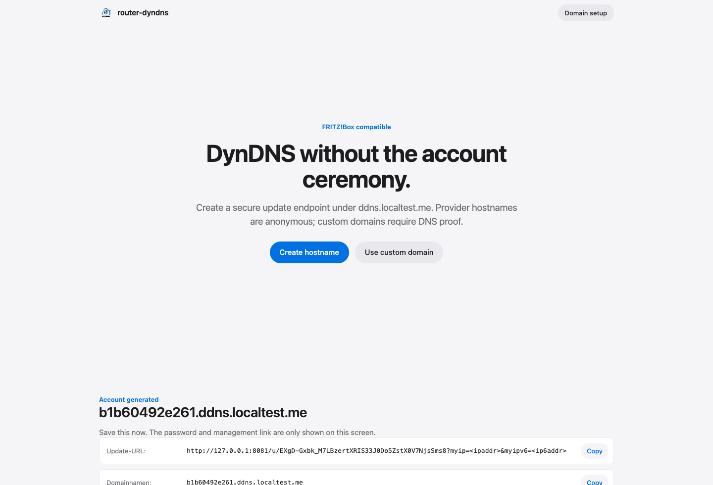 Generated FRITZ!Box DynDNS credentials