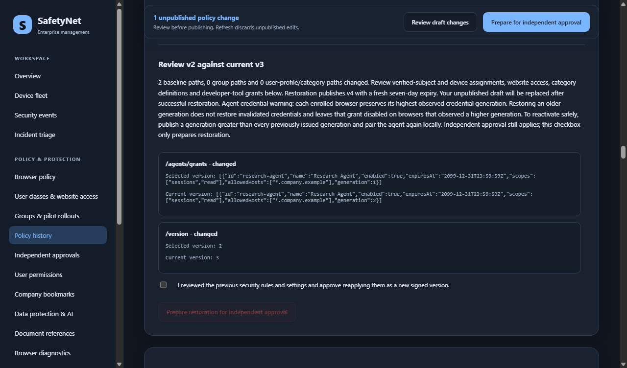 Agent history review with credential-generation warning