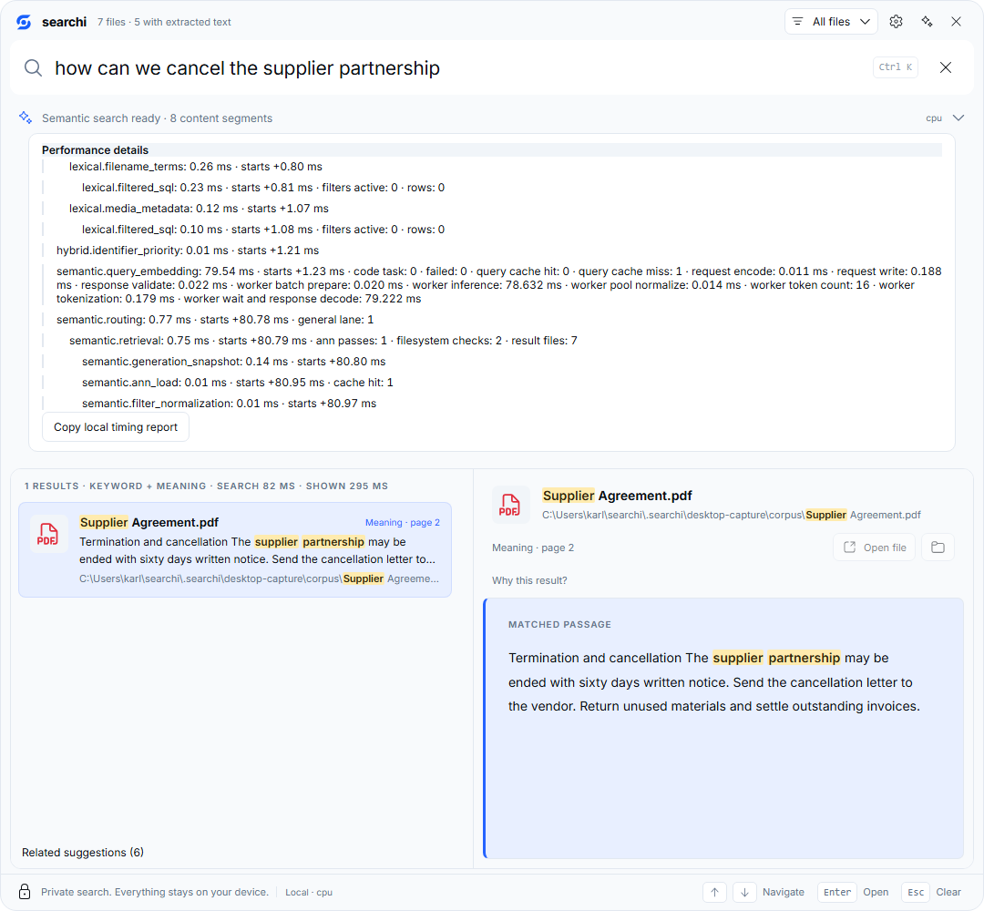 searchi showing measured search timings in its optional performance panel