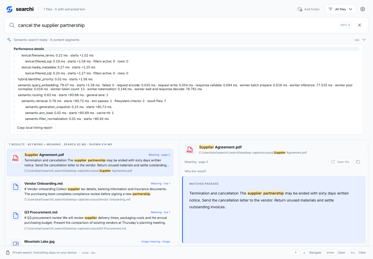 searchi showing measured search timings in its optional performance panel