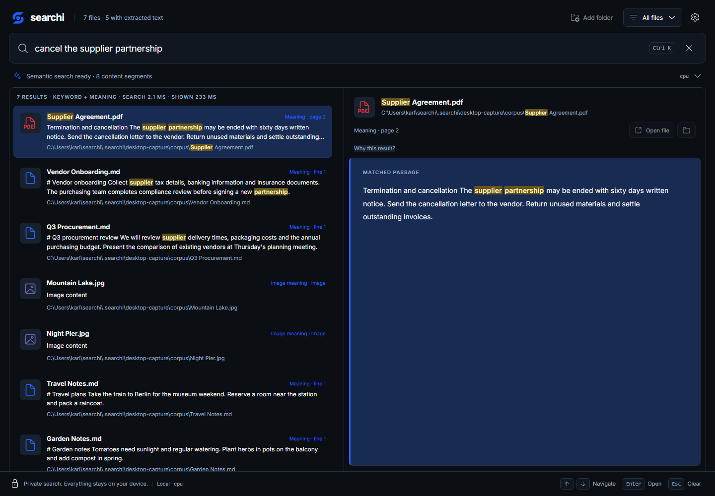 searchi's dark theme with search results and a document passage