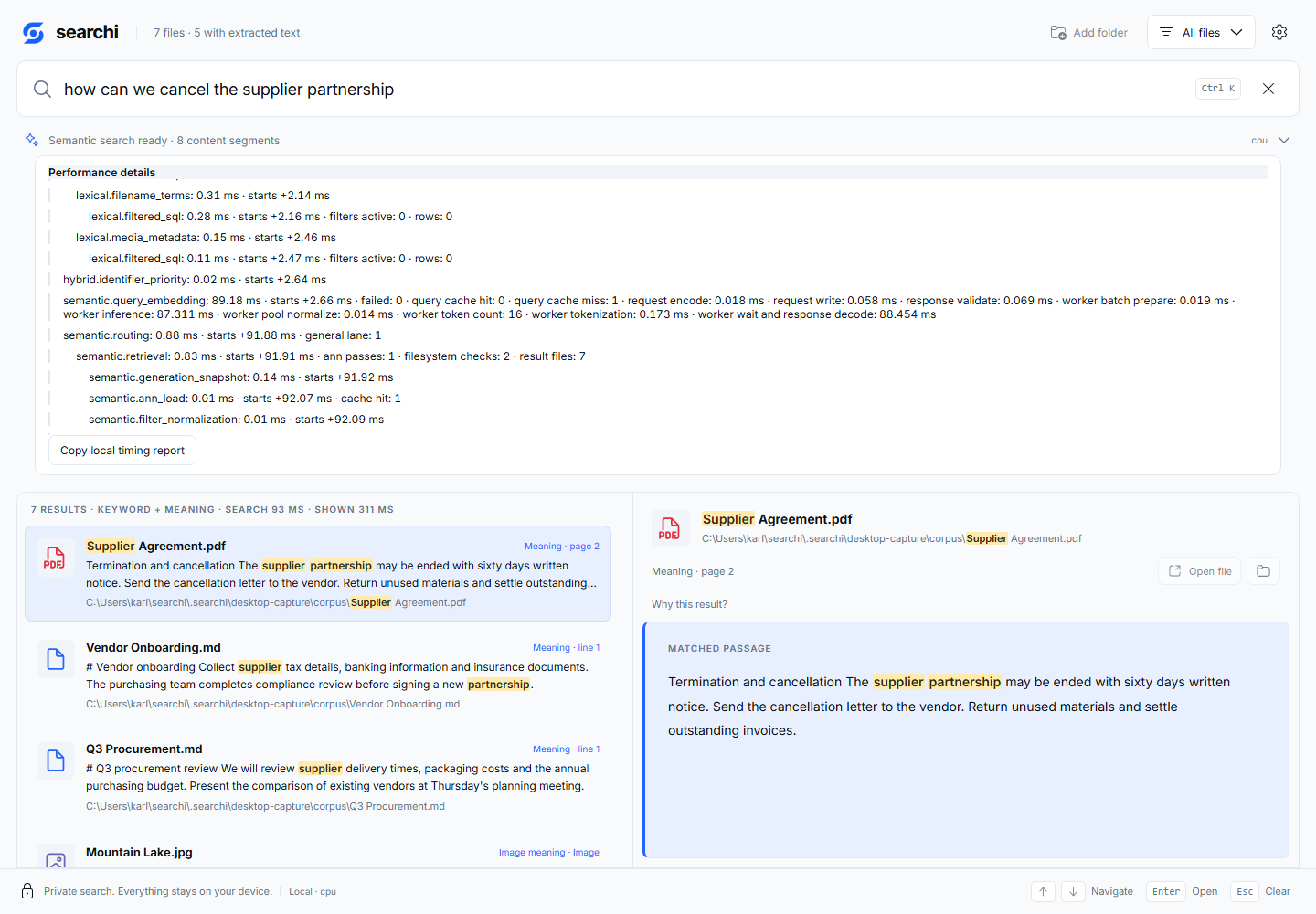 searchi showing measured search timings in its optional performance panel