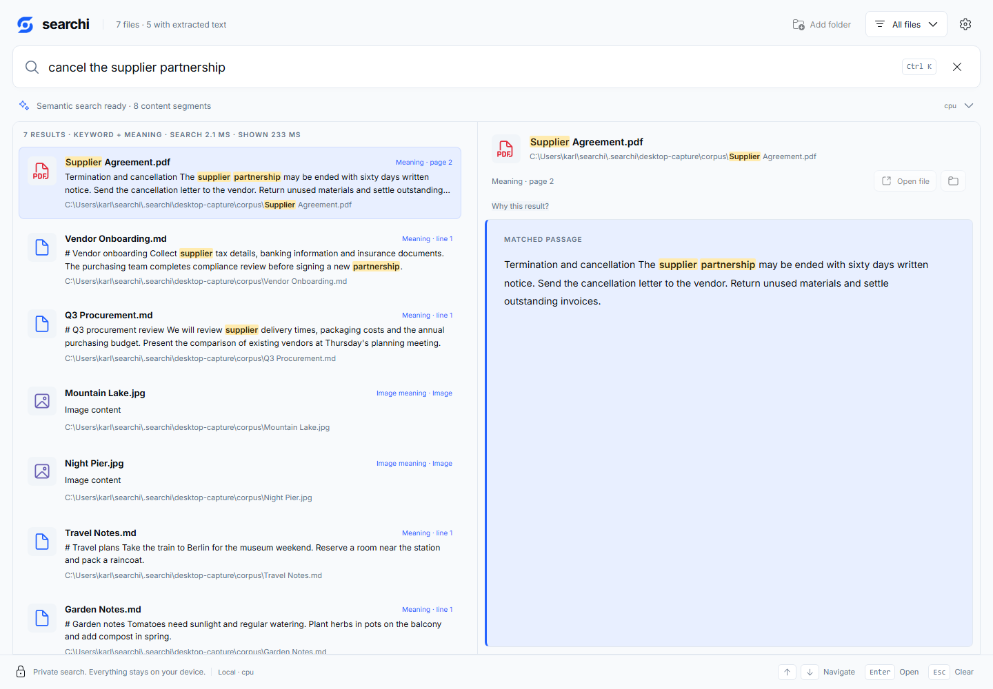 searchi finding a supplier agreement and highlighting its matching passage