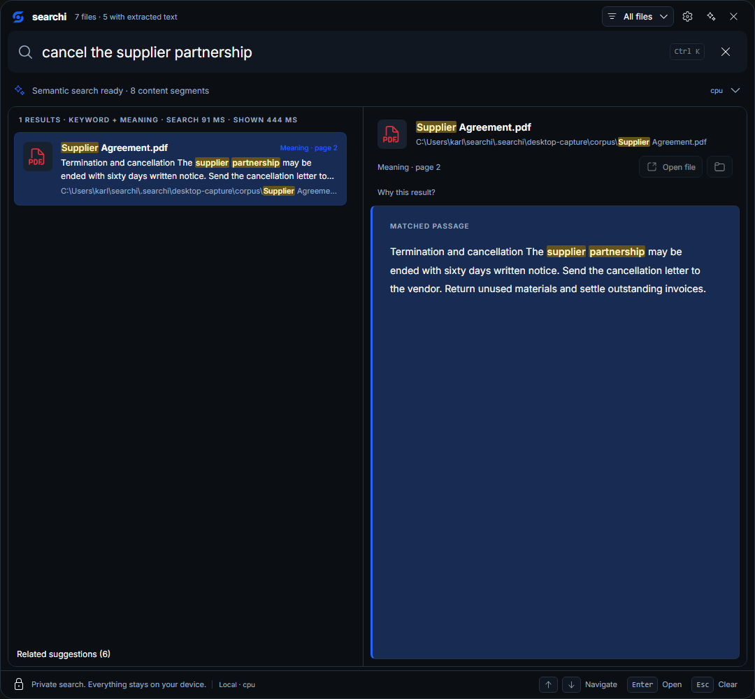 searchi's dark theme with search results and a document passage